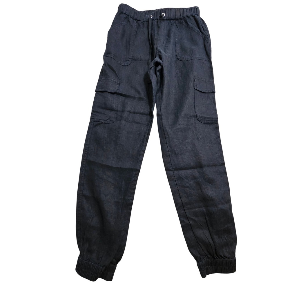 Nicole Miller Cargo Joggers Womens Small Black 100% Linen Elastic Waist Pants